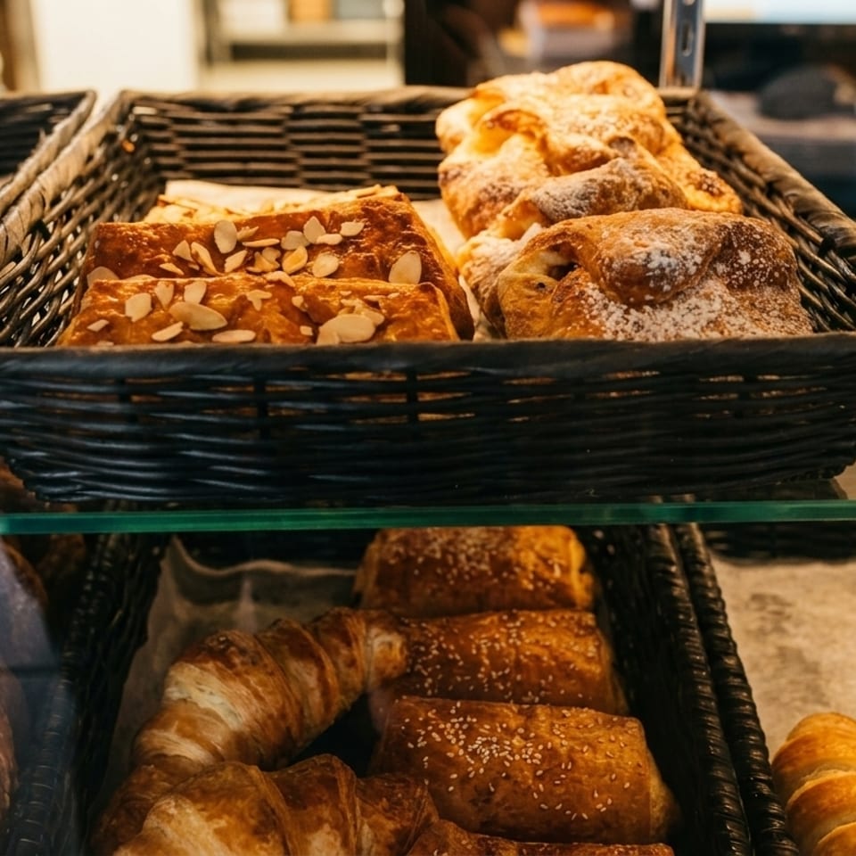 Assorted pastries, including almond croissants and cinnamon rolls, displayed in wicker baskets in a bakery case.