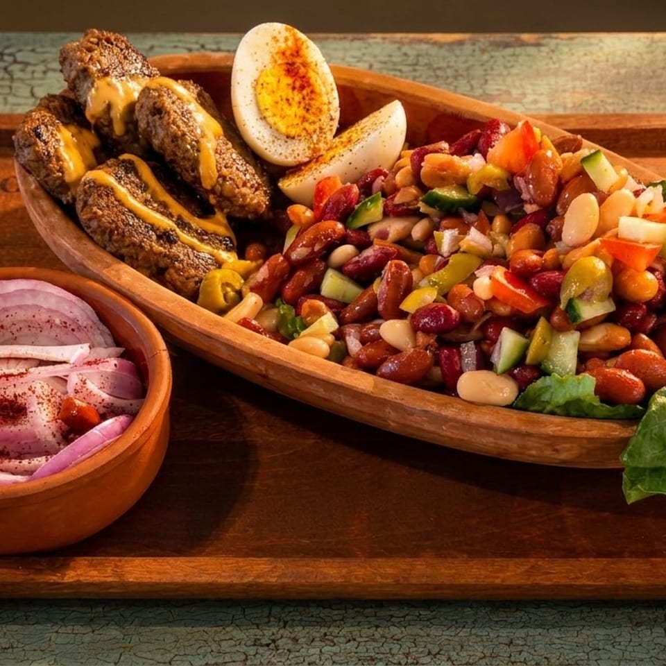 Kofta with mustard drizzle, bean salad, hard-boiled eggs, and a side of red onions on a wooden tray.