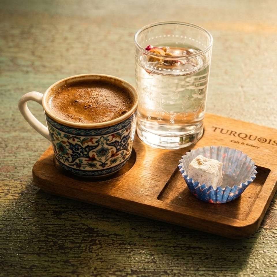 Turkish coffee, water with rose petals, and Turkish delight on a wooden tray from Turquoise Cafe & Bakery.
