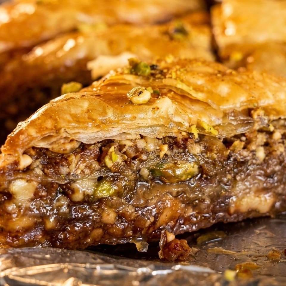 Close-up of a triangular piece of baklava, revealing flaky pastry, nuts, and sweet syrup.